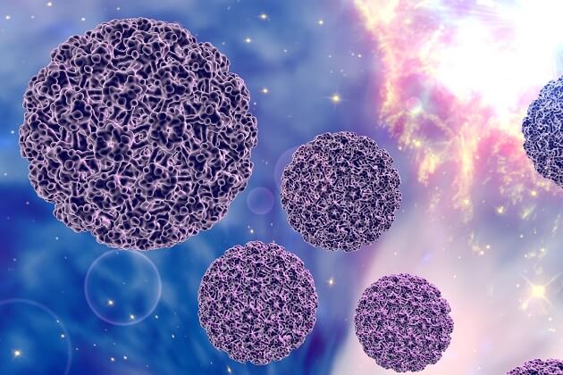 Human Papillomavirus type 16 on surrealistic background (HPV). A model is built using data of viral macromolecular structure from Protein Data Bank (PDB 3J6R). Elements of this image furnished by NASA